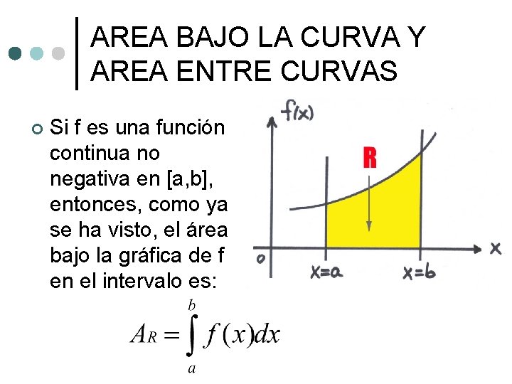 AREA BAJO LA CURVA Y AREA ENTRE CURVAS ¢ Si f es una función