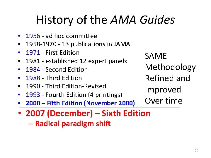 History of the AMA Guides • • • 1956 - ad hoc committee 1958