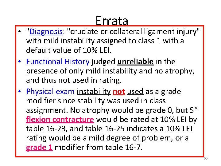  Errata • "Diagnosis: "cruciate or collateral ligament injury" with mild instability assigned to