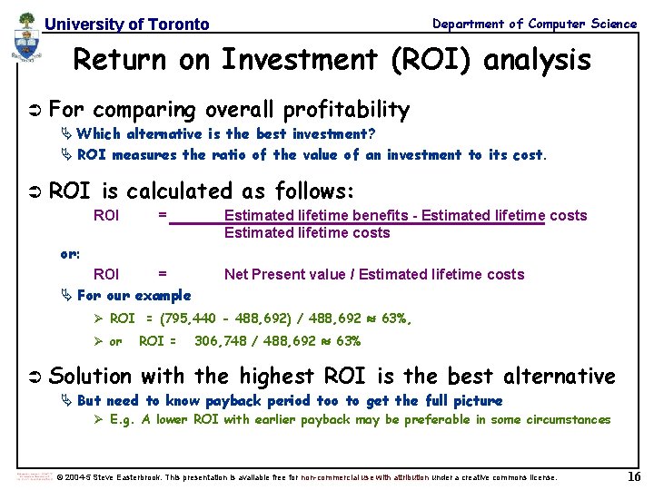 Department of Computer Science University of Toronto Return on Investment (ROI) analysis Ü For Department of Computer Science University of Toronto Return on Investment (ROI) analysis Ü For