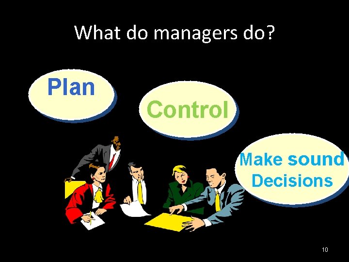 What do managers do? Plan Control Make sound Decisions 10 