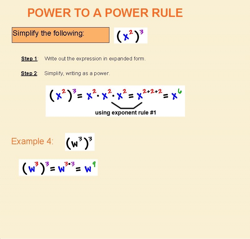 POWER TO A POWER RULE Simplify the following: Step 1: Write out the expression