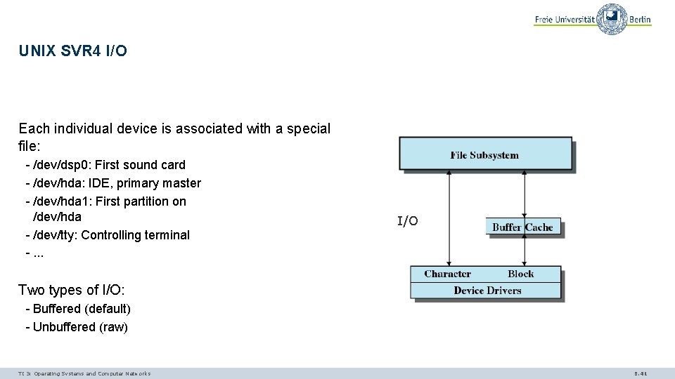 UNIX SVR 4 I/O Each individual device is associated with a special file: -