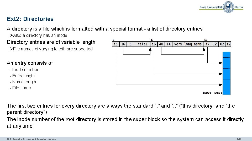 Ext 2: Directories A directory is a file which is formatted with a special