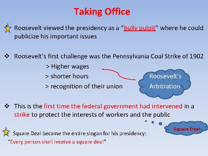 Taking Office v Roosevelt viewed the presidency as a “bully pulpit” where he could