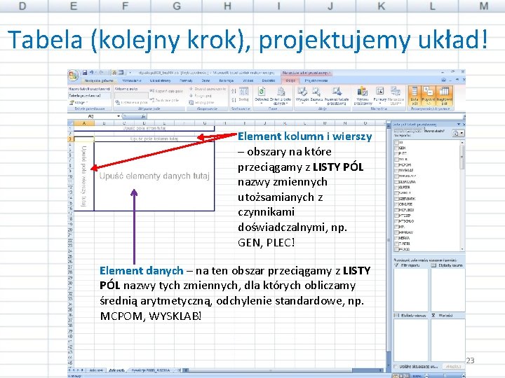 Tabela (kolejny krok), projektujemy układ! Element kolumn i wierszy – obszary na które przeciągamy