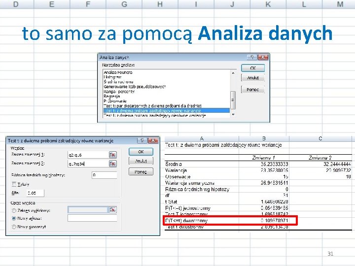 to samo za pomocą Analiza danych 31 