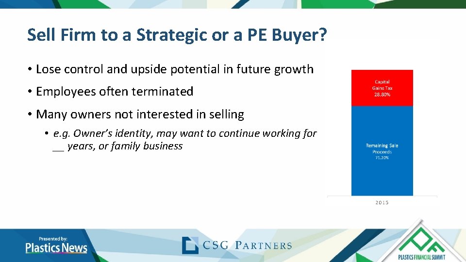 Sell Firm to a Strategic or a PE Buyer? • Lose control and upside Sell Firm to a Strategic or a PE Buyer? • Lose control and upside