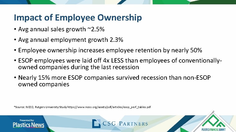 Impact of Employee Ownership • Avg annual sales growth ~2. 5% • Avg annual Impact of Employee Ownership • Avg annual sales growth ~2. 5% • Avg annual