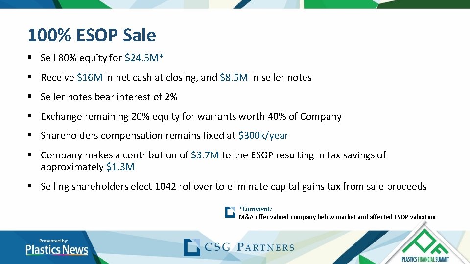 100% ESOP Sale § Sell 80% equity for $24. 5 M* § Receive $16 100% ESOP Sale § Sell 80% equity for $24. 5 M* § Receive $16