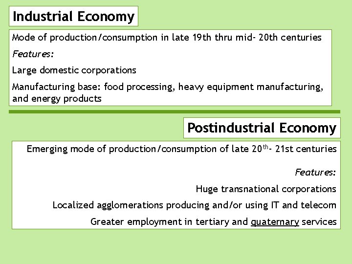 Industrial Economy Mode of production/consumption in late 19 th thru mid- 20 th centuries