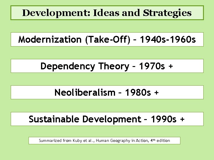 Development: Ideas and Strategies Modernization (Take-Off) – 1940 s-1960 s Dependency Theory – 1970