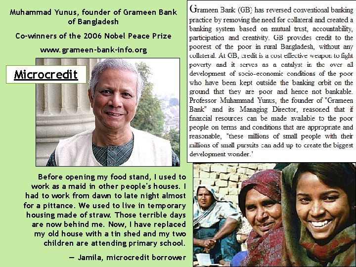 Muhammad Yunus, founder of Grameen Bank of Bangladesh Co-winners of the 2006 Nobel Peace