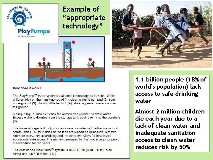 Example of “appropriate technology” 1. 1 billion people (18% of world's population) lack access