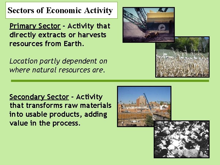 Sectors of Economic Activity Primary Sector - Activity that directly extracts or harvests resources