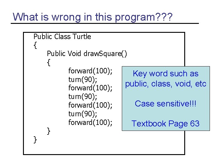 What is wrong in this program? ? ? Public Class Turtle { Public Void