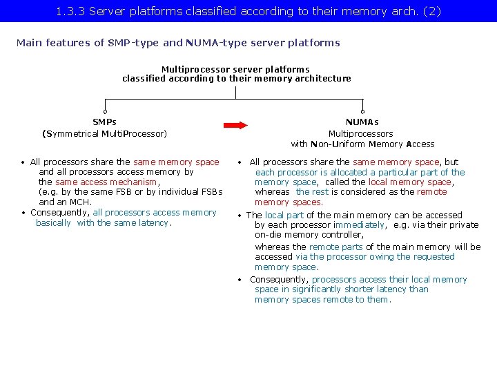 1. 3. 3 Server platforms classified according to their memory arch. (2) Main features