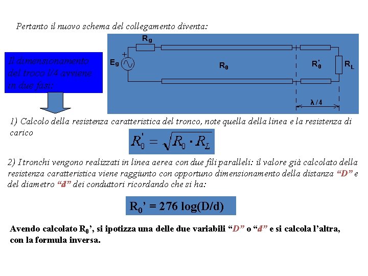 Pertanto il nuovo schema del collegamento diventa: Il dimensionamento del troco l/4 avviene in