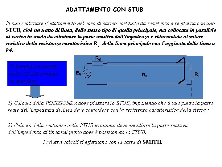 ADATTAMENTO CON STUB Si può realizzare l’adattamento nel caso di carico costituito da resistenza