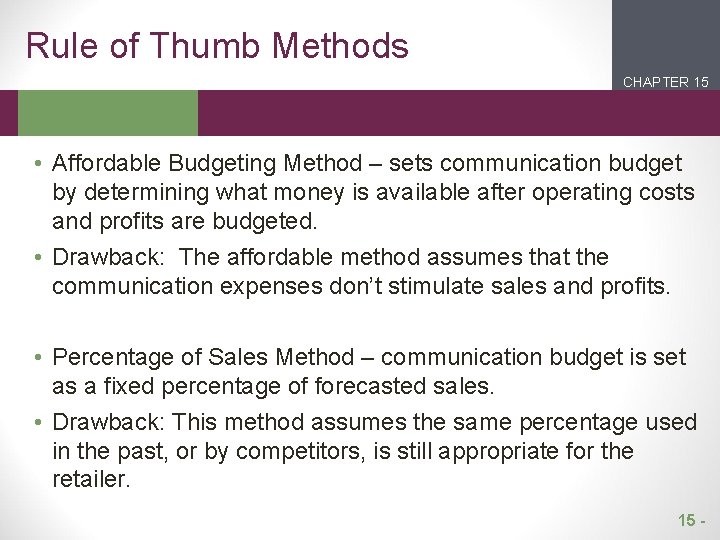 Rule of Thumb Methods CHAPTER 15 2 1 • Affordable Budgeting Method – sets