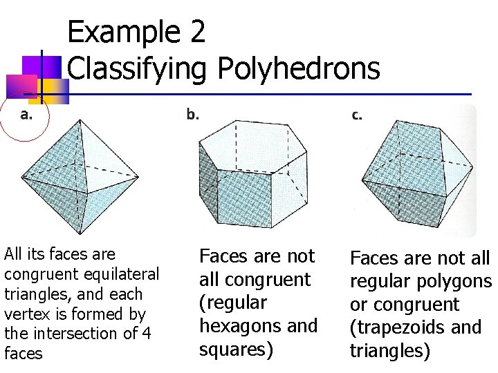 Example 2 Classifying Polyhedrons All its faces are congruent equilateral triangles, and each vertex Example 2 Classifying Polyhedrons All its faces are congruent equilateral triangles, and each vertex