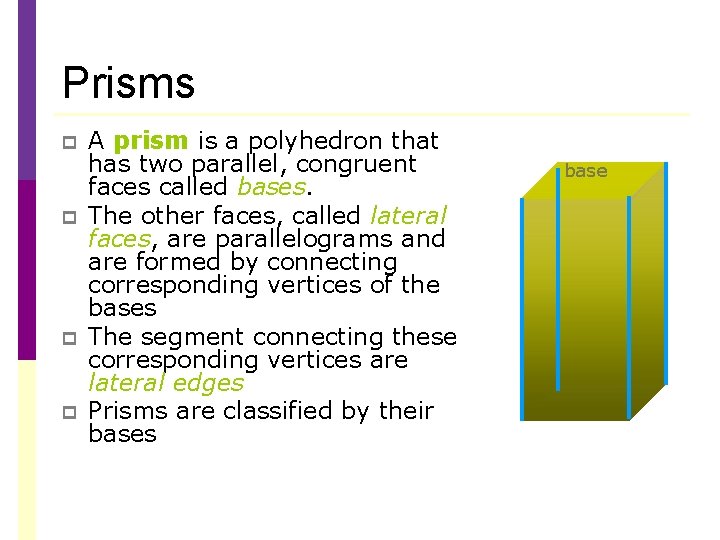 Prisms p p A prism is a polyhedron that has two parallel, congruent faces Prisms p p A prism is a polyhedron that has two parallel, congruent faces