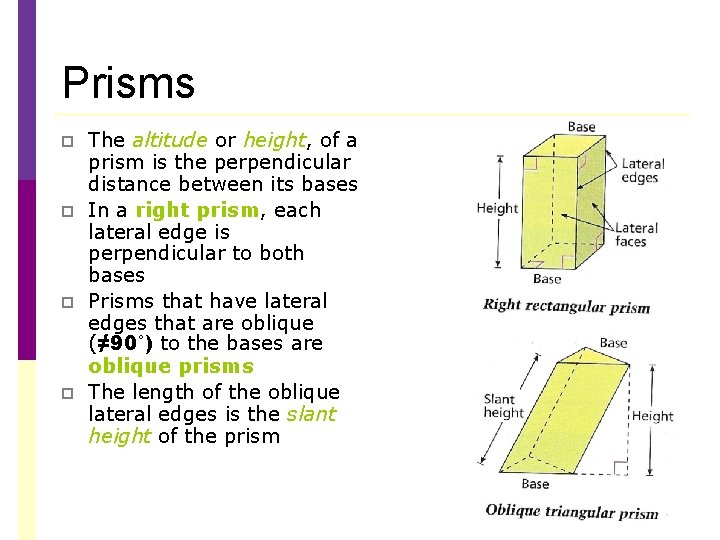 Prisms p p The altitude or height, of a prism is the perpendicular distance Prisms p p The altitude or height, of a prism is the perpendicular distance
