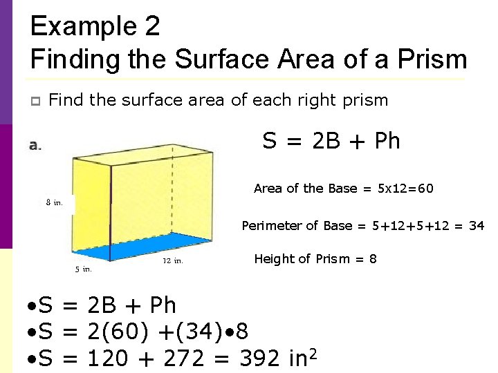 Example 2 Finding the Surface Area of a Prism p Find the surface area Example 2 Finding the Surface Area of a Prism p Find the surface area