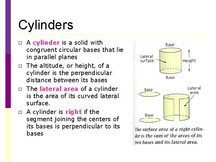 Cylinders p p A cylinder is a solid with congruent circular bases that lie Cylinders p p A cylinder is a solid with congruent circular bases that lie