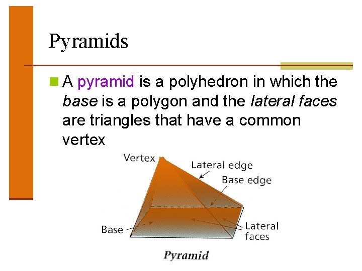 Pyramids n A pyramid is a polyhedron in which the base is a polygon Pyramids n A pyramid is a polyhedron in which the base is a polygon