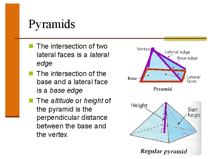 Pyramids n The intersection of two lateral faces is a lateral edge n The Pyramids n The intersection of two lateral faces is a lateral edge n The