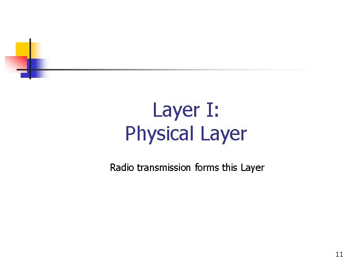 Layer I: Physical Layer Radio transmission forms this Layer 11 