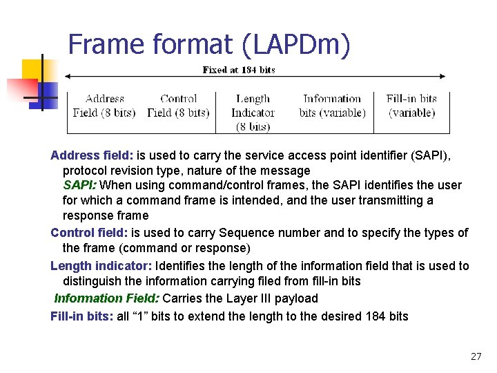 Frame format (LAPDm) Address field: is used to carry the service access point identifier