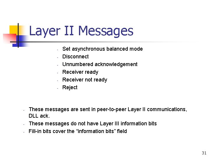 Layer II Messages - - - Set asynchronous balanced mode Disconnect Unnumbered acknowledgement Receiver