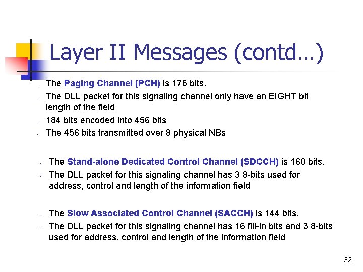 Layer II Messages (contd…) The Paging Channel (PCH) is 176 bits. The DLL packet