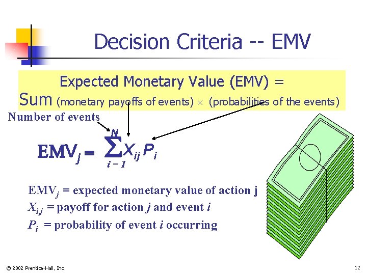 Decision Criteria -- EMV Expected Monetary Value (EMV) = Sum (monetary payoffs of events) Decision Criteria -- EMV Expected Monetary Value (EMV) = Sum (monetary payoffs of events)