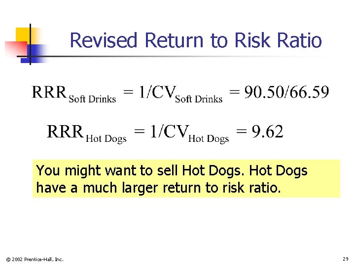 Revised Return to Risk Ratio You might want to sell Hot Dogs have a Revised Return to Risk Ratio You might want to sell Hot Dogs have a