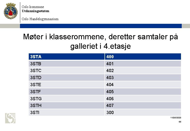 Oslo kommune Utdanningsetaten Oslo Handelsgymnasium Møter i klasserommene, deretter samtaler på galleriet i 4.