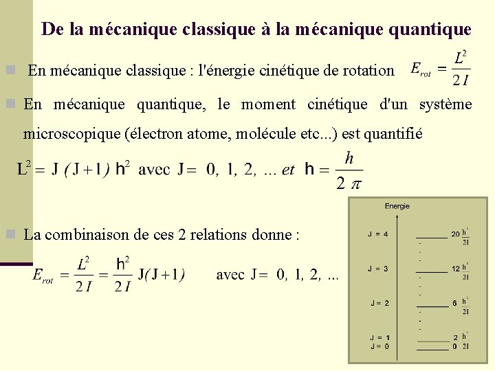 De la mécanique classique à la mécanique quantique n En mécanique classique : l'énergie