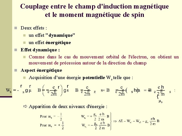 Couplage entre le champ d'induction magnétique et le moment magnétique de spin n Deux