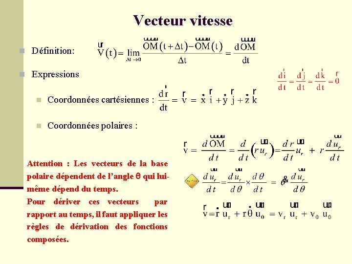 Vecteur vitesse n Définition: n Expressions n Coordonnées cartésiennes : n Coordonnées polaires :