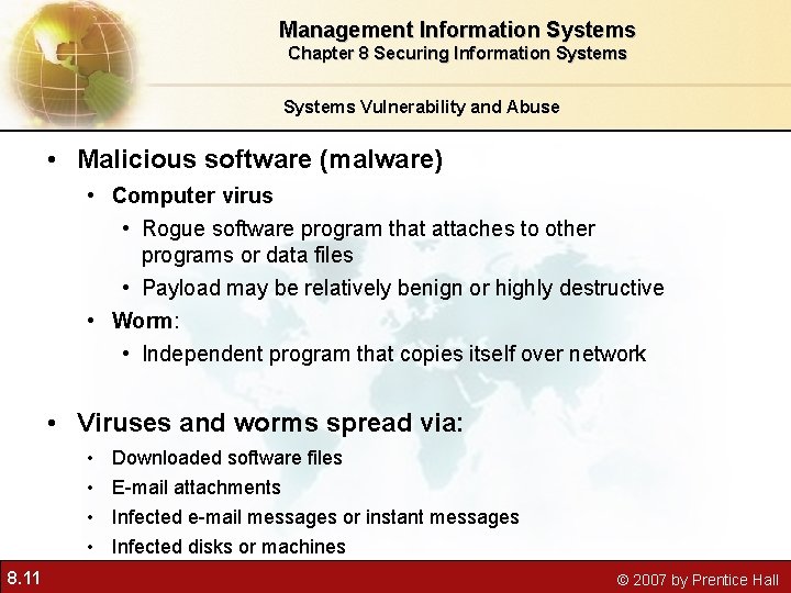 Management Information Systems Chapter 8 Securing Information Systems Vulnerability and Abuse • Malicious software