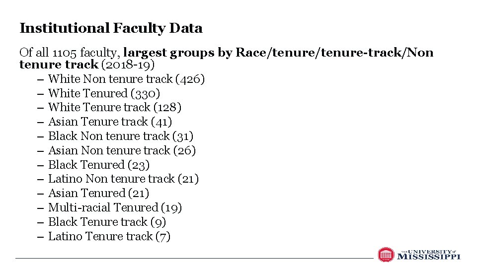 Institutional Faculty Data Of all 1105 faculty, largest groups by Race/tenure-track/Non tenure track (2018