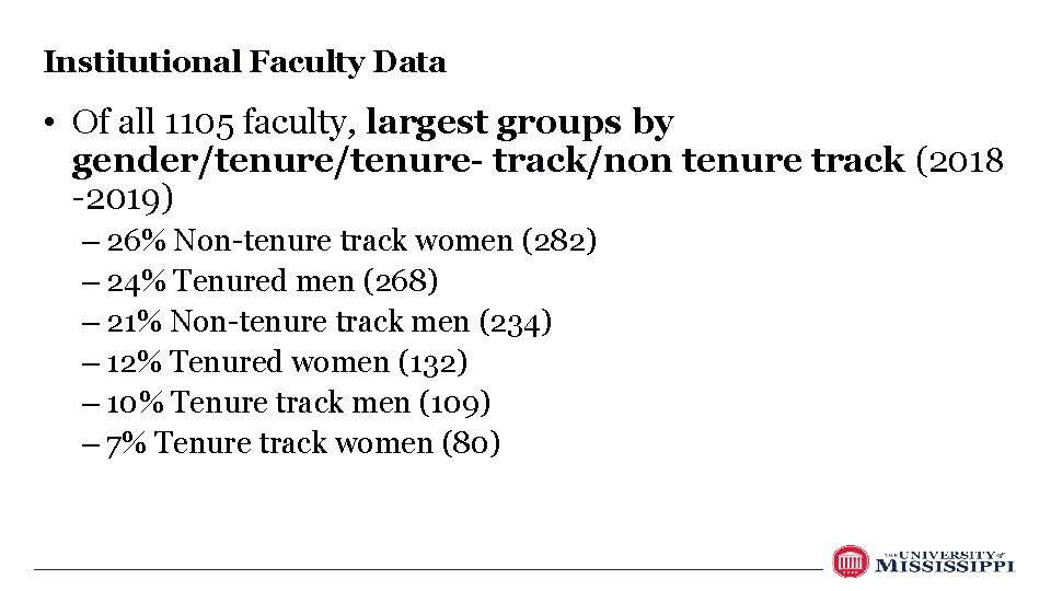 Institutional Faculty Data • Of all 1105 faculty, largest groups by gender/tenure- track/non tenure