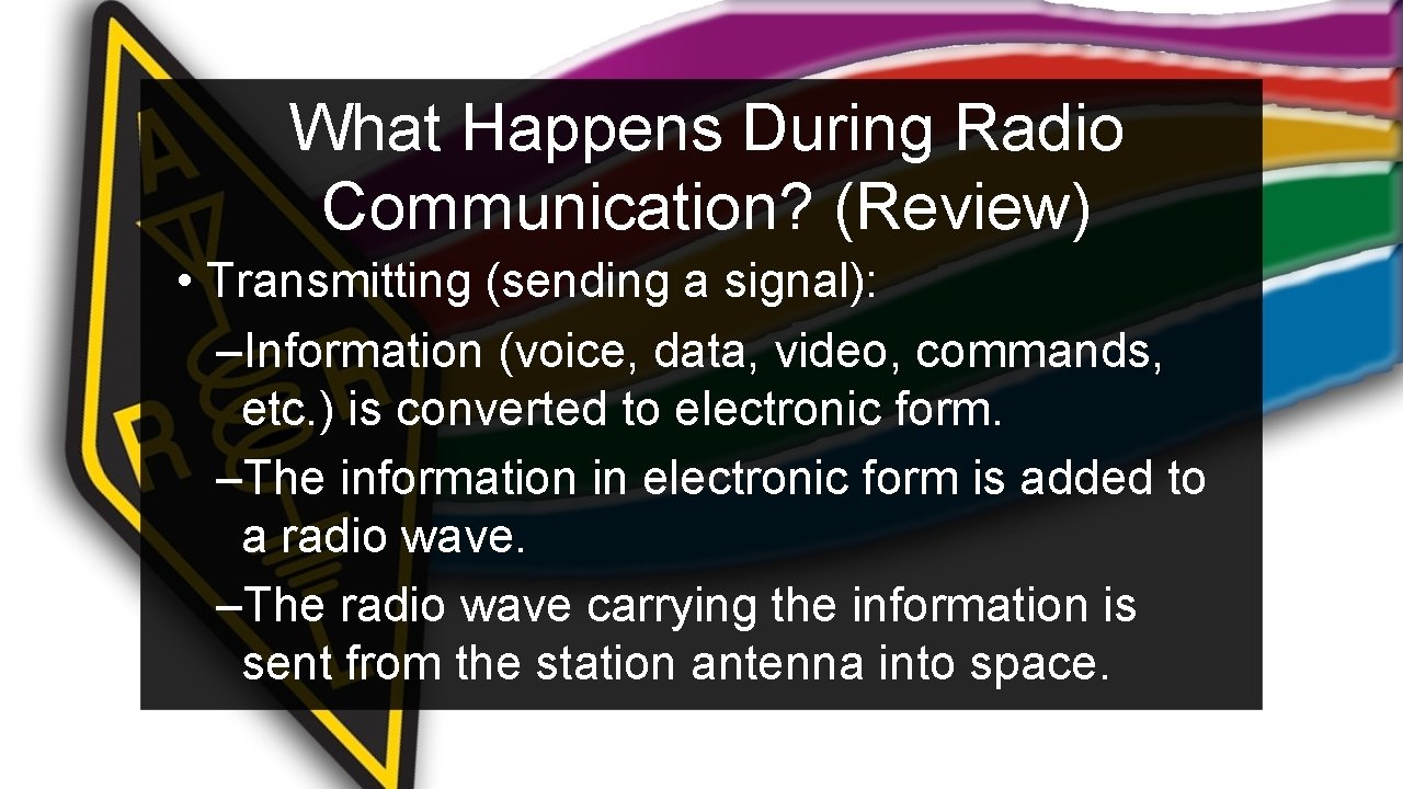 What Happens During Radio Communication? (Review) • Transmitting (sending a signal): –Information (voice, data,