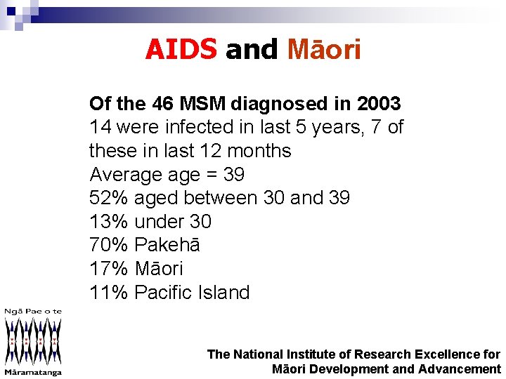 AIDS and Māori Of the 46 MSM diagnosed in 2003 14 were infected in