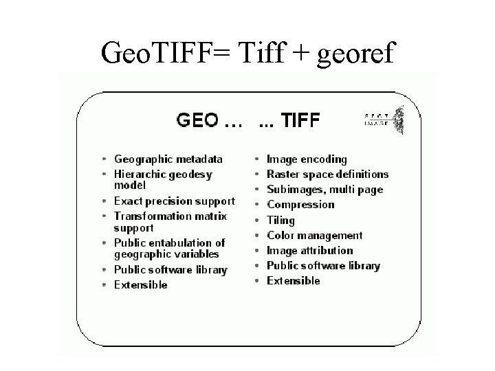 Geo. TIFF= Tiff + georef 