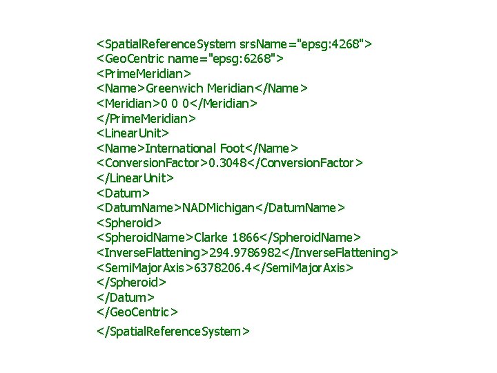 <Spatial. Reference. System srs. Name="epsg: 4268"> <Geo. Centric name="epsg: 6268"> <Prime. Meridian> <Name>Greenwich Meridian</Name>