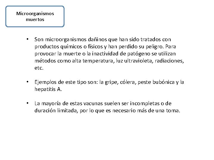 Microorganismos muertos • Son microorganismos dañinos que han sido tratados con productos químicos o Microorganismos muertos • Son microorganismos dañinos que han sido tratados con productos químicos o