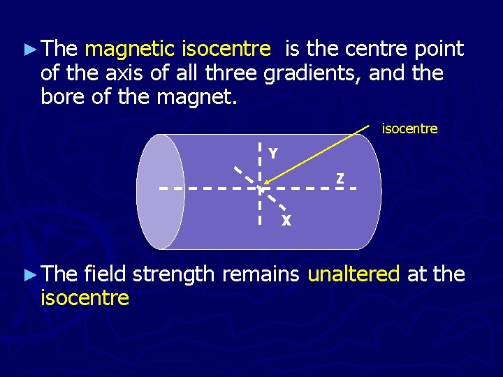 ► The magnetic isocentre is the centre point of the axis of all three